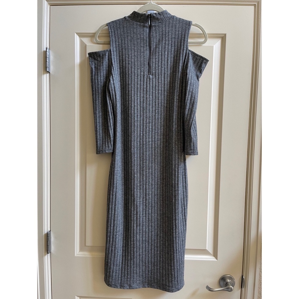 WHBM 3/4-Sleeve Cold Shoulder Mock Neck Ribbed Sheath Dress - Picture 2 of 9